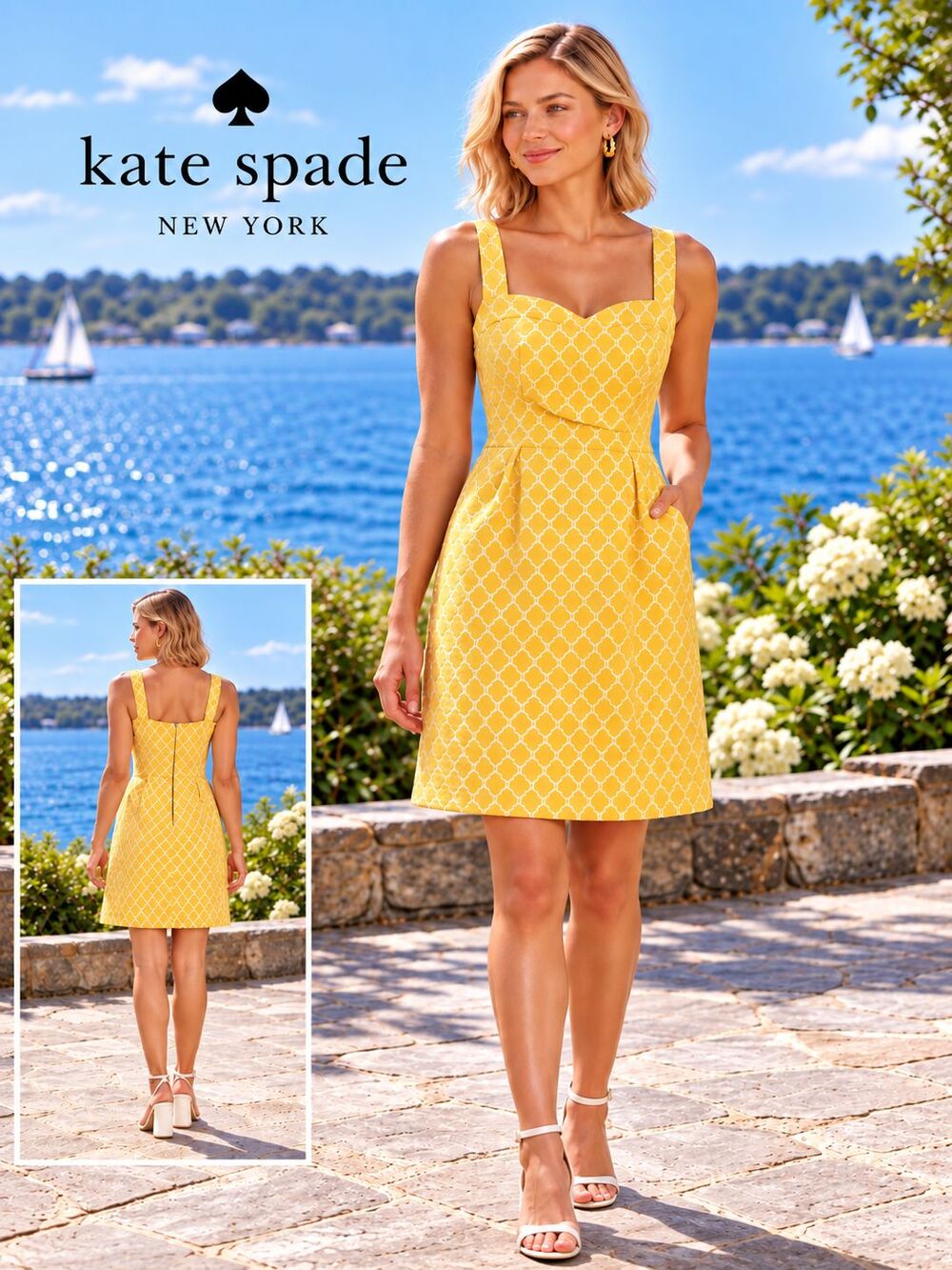 Kate Spade New York Yellow White Jacquard Fit & Flare Dress Size 4 Pockets